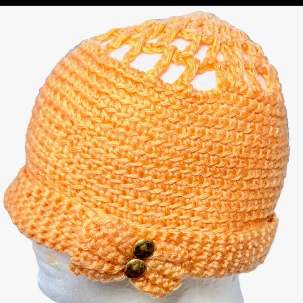 Vintage Women’s Knit Crocheted Winter Hat Orange Blue w/Side Bow & Gold Buttons